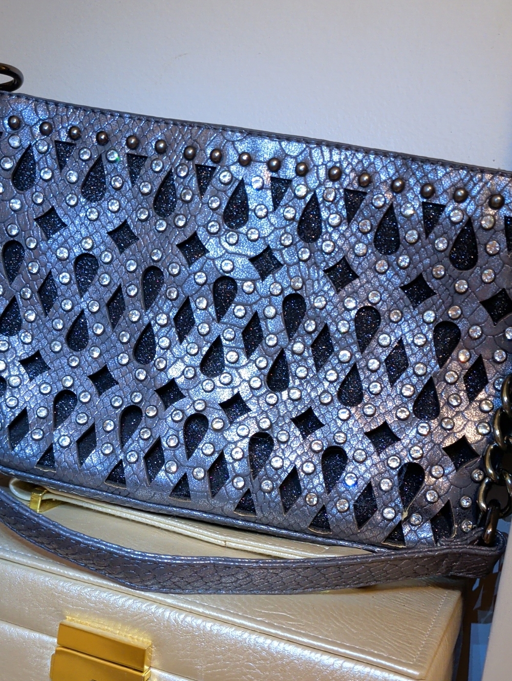 Silver Embellished Evening Hand Bag Sparkling Rhinestone Detail